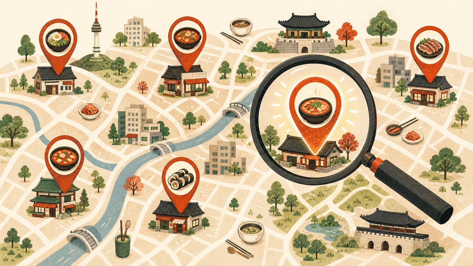 Illustrated city map with pins marking the Korean restaurants the scout screens