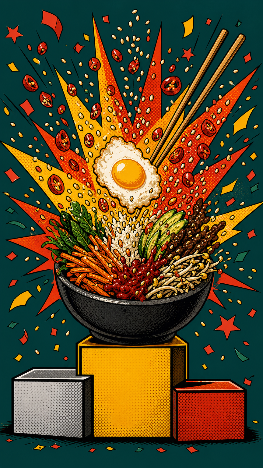 Illustration of a champion bibimbap bowl exploding with sesame seeds, chilies, and flying chopsticks