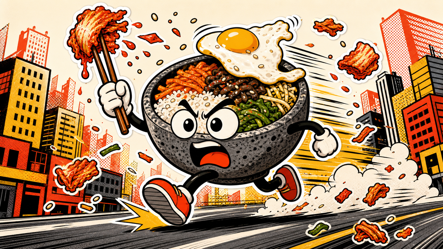 A bibimbap bowl with legs and arms sprinting down a city street, chopsticks raised like a torch