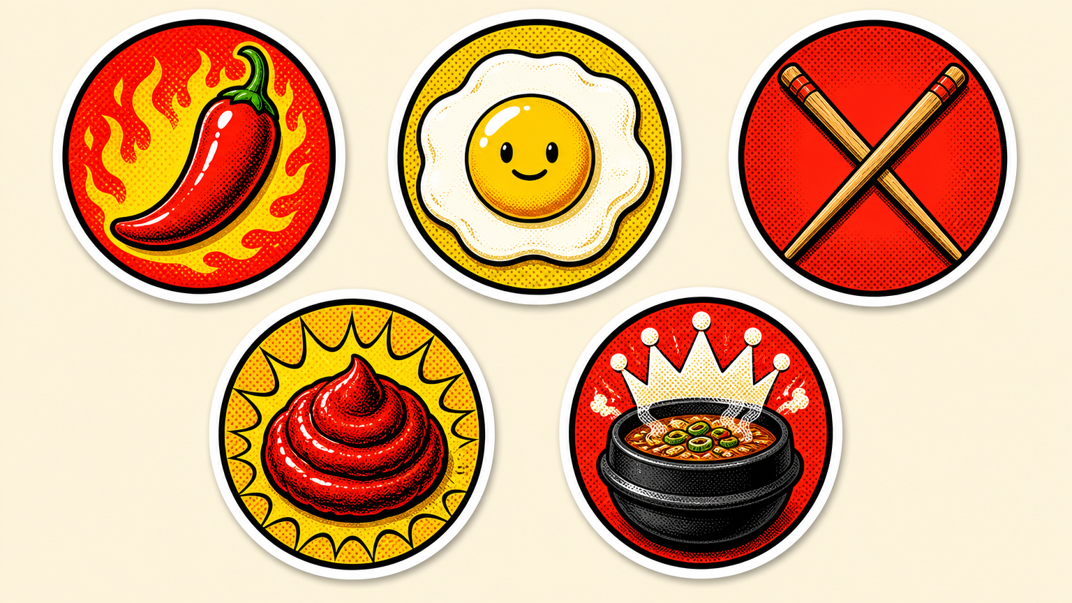 A sheet of illustrated badges: chili pepper, fried egg, crossed chopsticks, gochujang swirl, and a steaming stone bowl